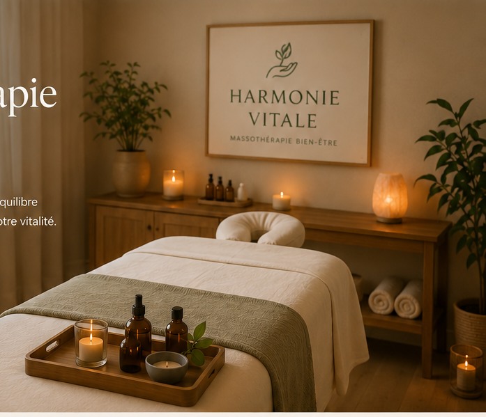Salle de soin Harmonie Vitale avec table de massage et bougies
